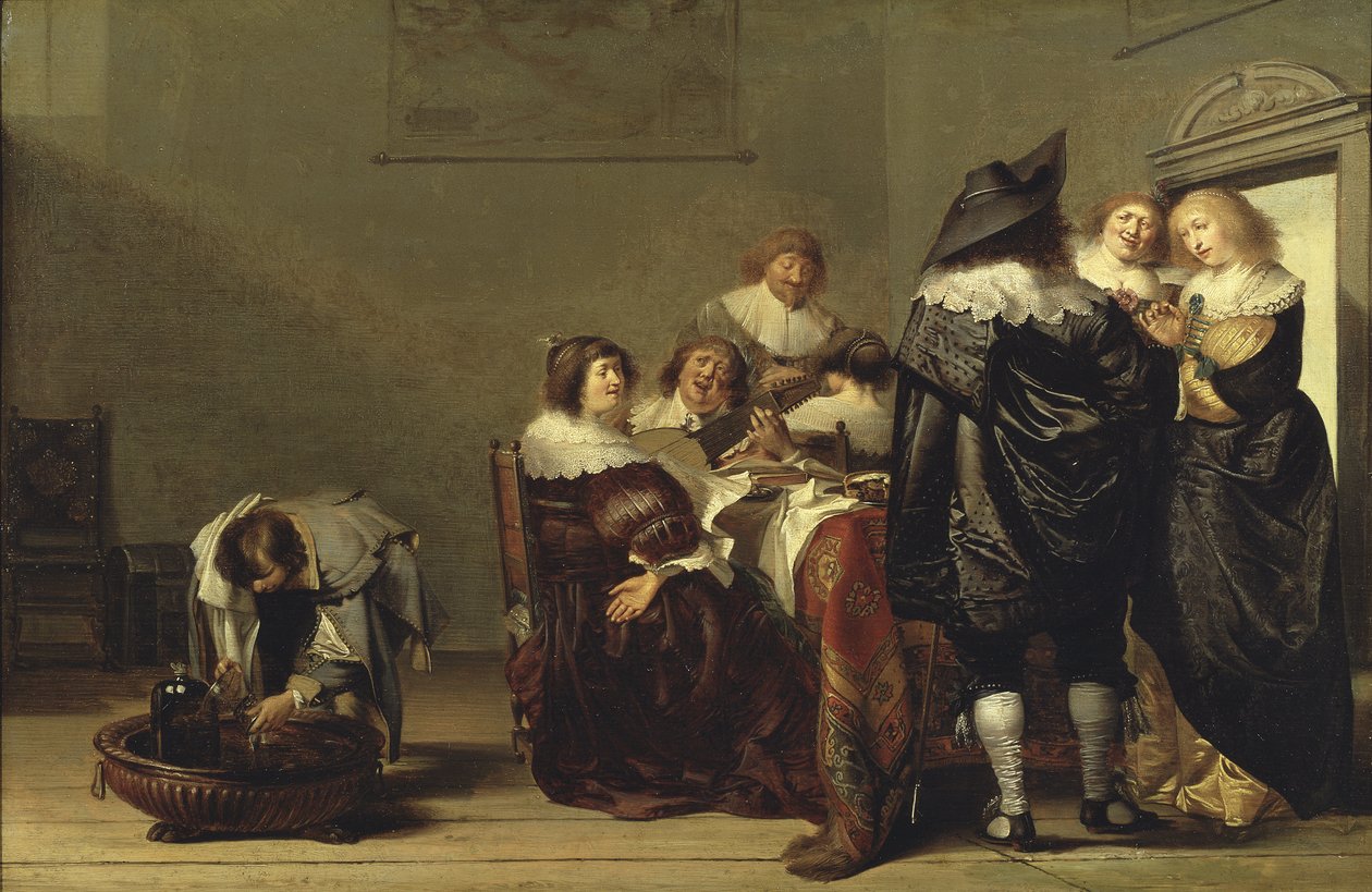 コッド、ピーテル（1599-1678）作「Une fete musicale - A Musical Party」。木に油彩。寸法：35,5x52,5 cm。ストックホルム国立博物館 作： ピーター・コッデ