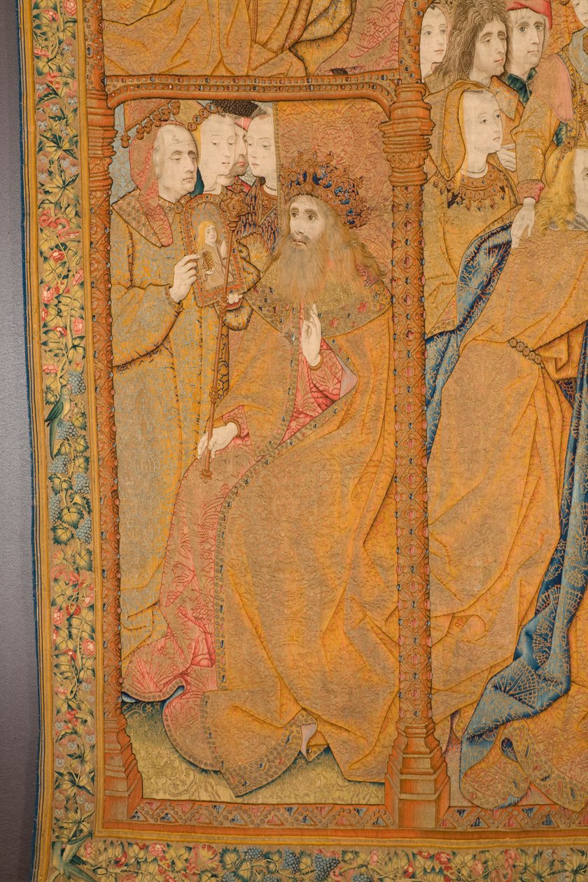 フランダースのタペストリー。 告知。 詳細、c.1502-04（金、銀、絹、羊毛） 作： Pieter Coecke van Aelst