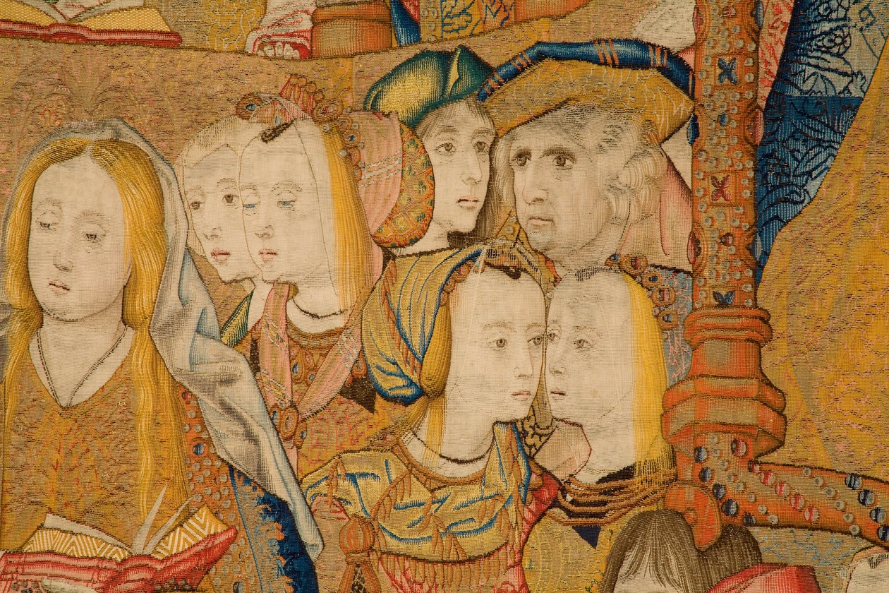 フランダースのタペストリー。 告知。 詳細、c.1502-04（金、銀、絹、羊毛） 作： Pieter Coecke van Aelst