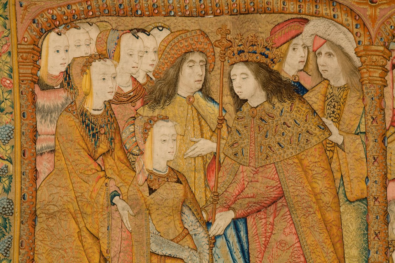 フランダースのタペストリー。 告知。 詳細、c.1502-04（金、銀、絹、羊毛） 作： Pieter Coecke van Aelst