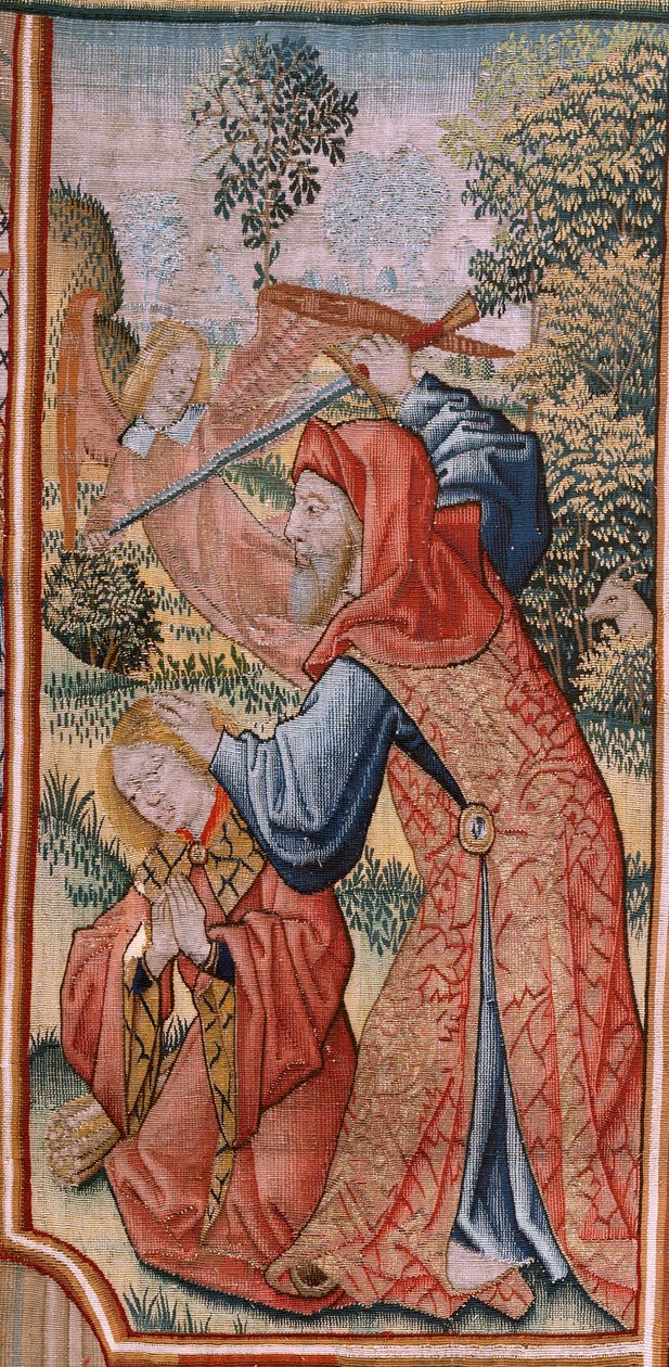 フランダースのタペストリー。 聖母の生涯からのシリーズエピソード。 神殿でのプレゼンテーション (Presentación en el Templo)。 シリーズ第2弾のタペストリー。 Jan van Roome (または van Brussel) のモデル。 ブリュッセルのピーター・ファン・アールストのマニュファクチュール。 1502～1504年頃。 作： Pieter Coecke van Aelst