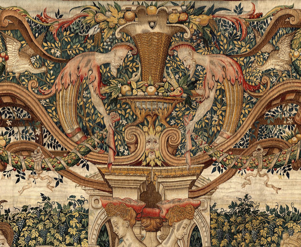 VertumnusとPomona：剪定ばさみに変身したVertumnus、1550年頃（金、羊毛、絹） 作： Pieter Coecke van Aelst