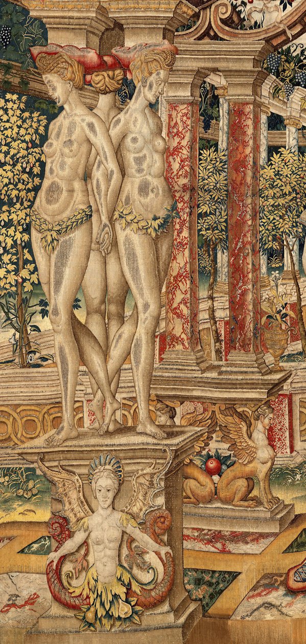 Vertumnus と Pomona: Vertumnus は剪定ばさみに変身。 約。 1550年（タペストリー） 作： Pieter Coecke van Aelst