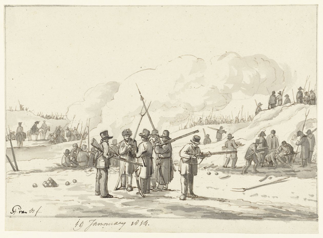 1814 年 1 月 19 日、北ホラントの砂丘での民間人の野営地 作： ピーテル・ファン・オス（アーティストによる署名）