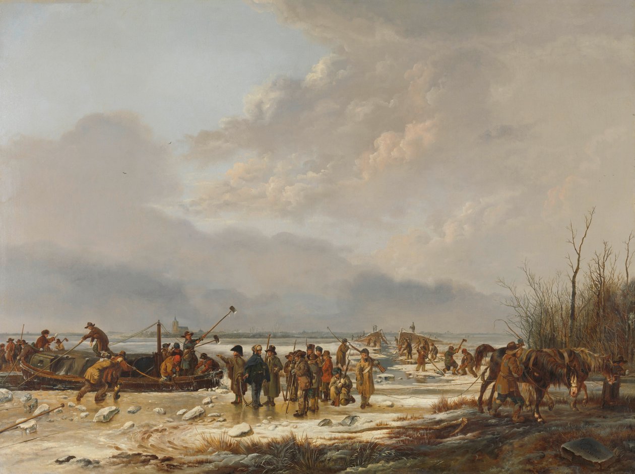 1814 年 1 月、ナールデンのカーネメルクスルートで氷を砕く 作： ピーター・ジェラルドゥス・ファン・オス