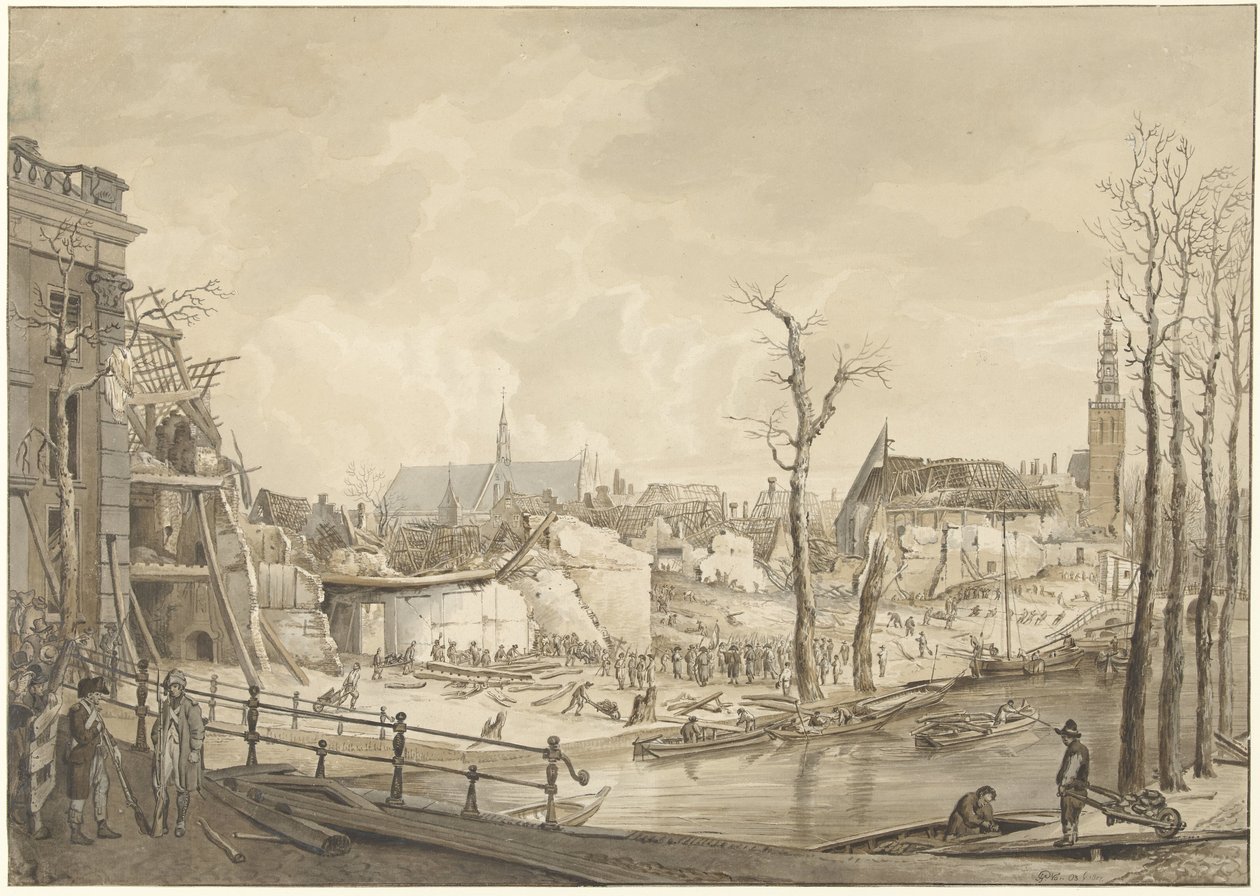 1807 年 1 月 12 日、ライデンでの火薬災害後のステーンスシューア北側の廃墟 作： ピーター・ジェラルドゥス・ファン・オス