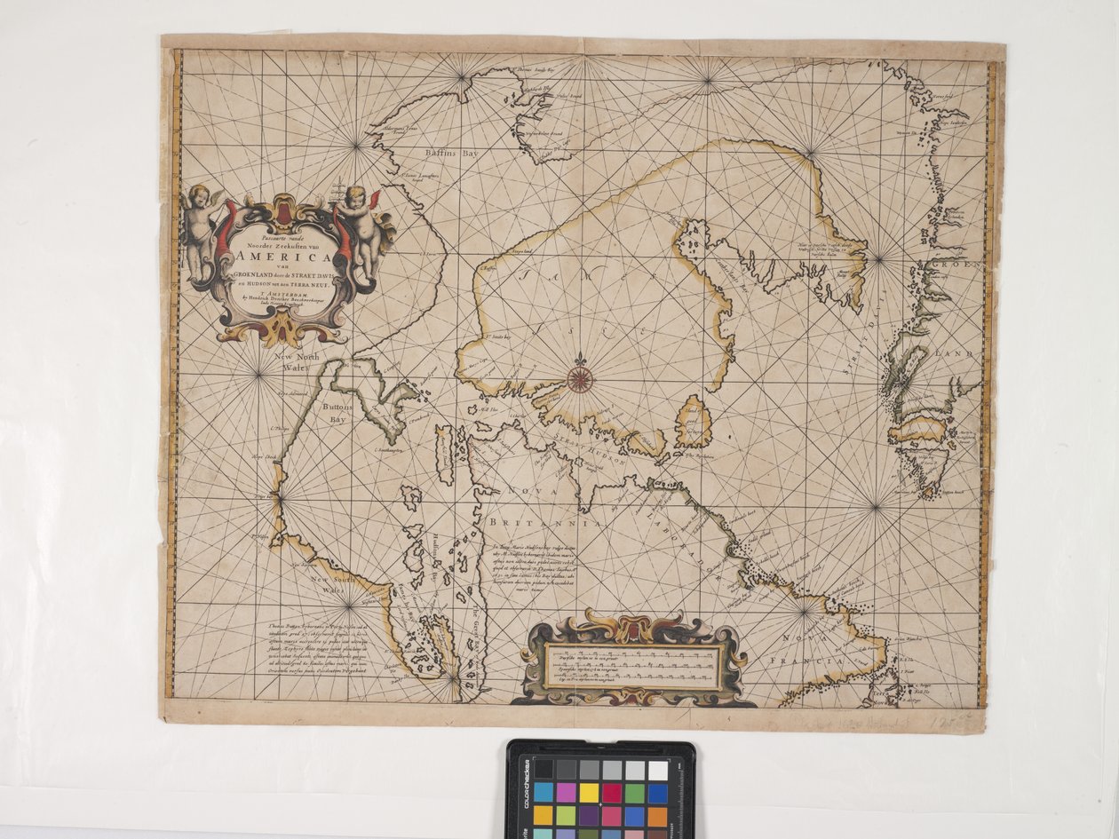 アメリカの北東端の海岸の新しい地図 (オフホワイトの敷紙に手彩色で彫刻) 作： ピーター・グース