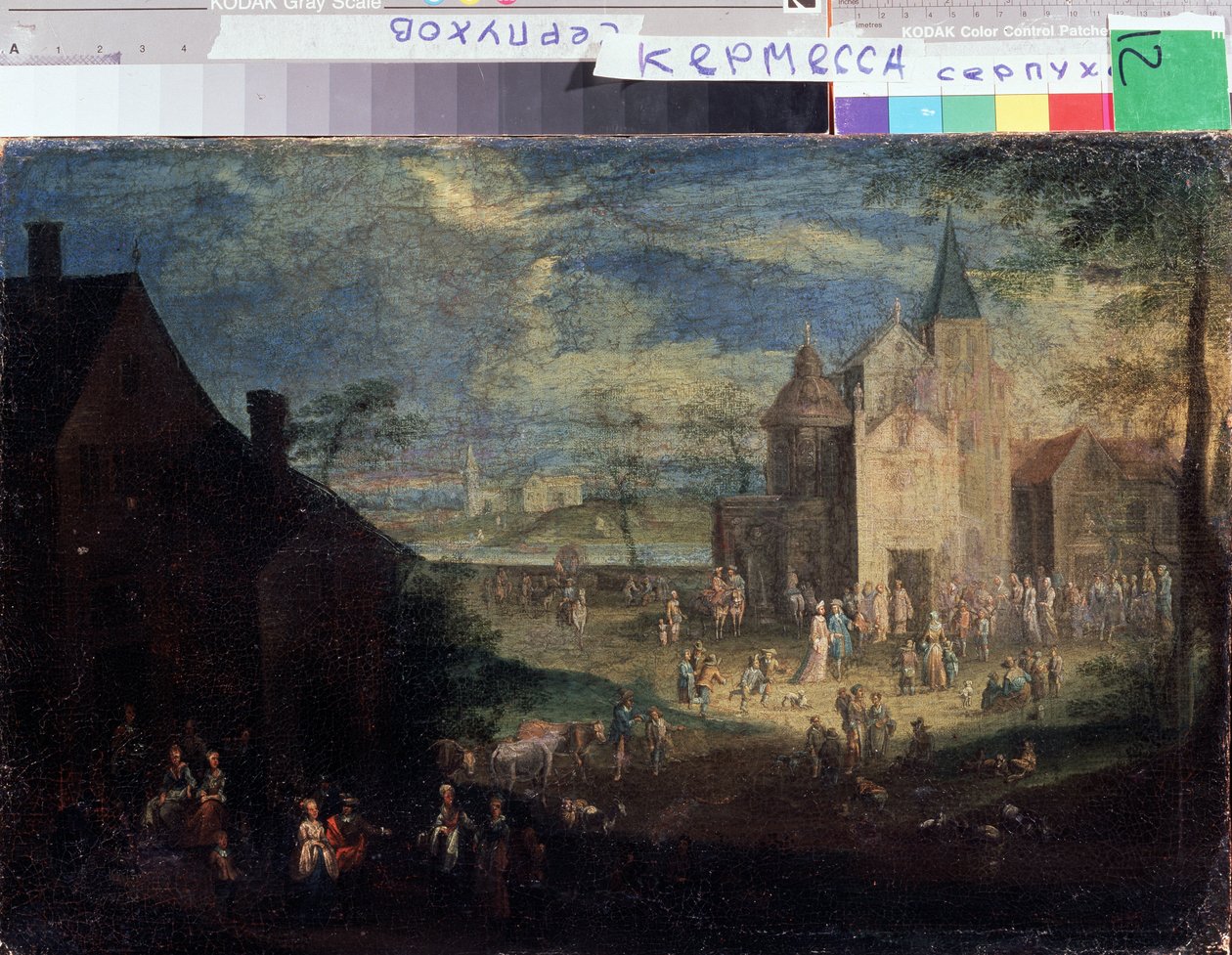 「村の場所のケルメッセ」 (Kermis) フランダースの都市風景。 Peter Gysels (1621-1690) による絵画、Serpukhov、ロシア国立歴史美術館 作： ピーター・ギセルス