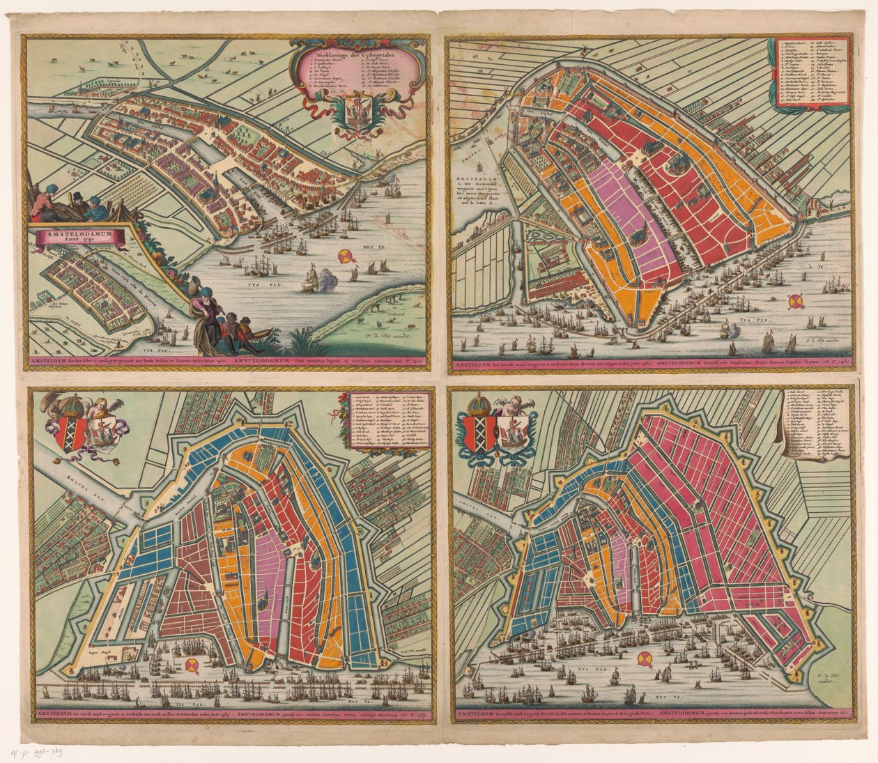 1400 年から 1612 年までのアムステルダムの地図 4 枚 Amsteldam soo het selve has been omhaynt (...) (オブジェクトのタイトル) アムステルダム 2 番目に mael は最初に石で拡大 Mueren inden jaere 1482 (...) (オブジェクトのタイトル) アムステルダム 作： ピーターヘンドリックス。シュット（おそらく）
