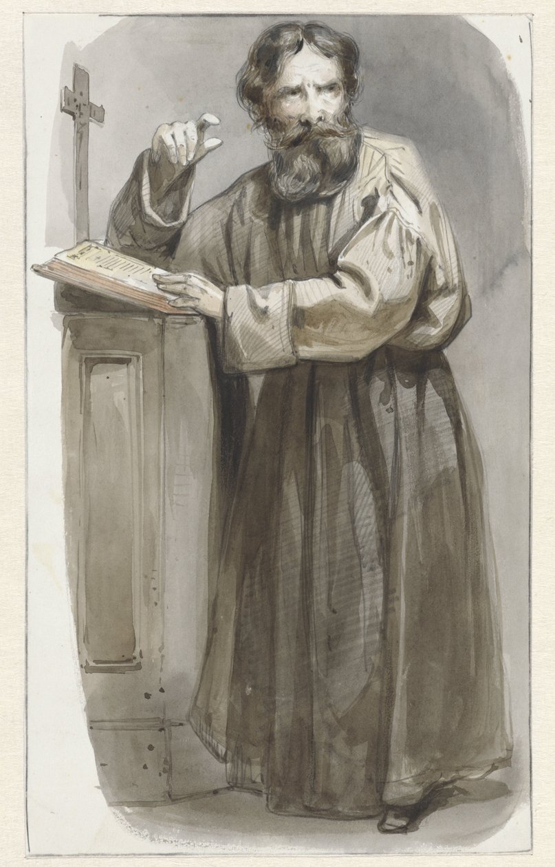 十字架と聖書で書見台に立っている聖職者 作： Pieter Marinus van de Laar（帰属）