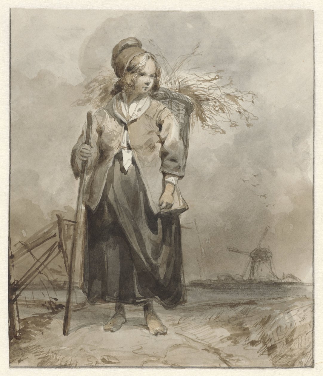 背中に棒とバスケットを持った立っている女性 作： Pieter Marinus van de Laar（帰属）