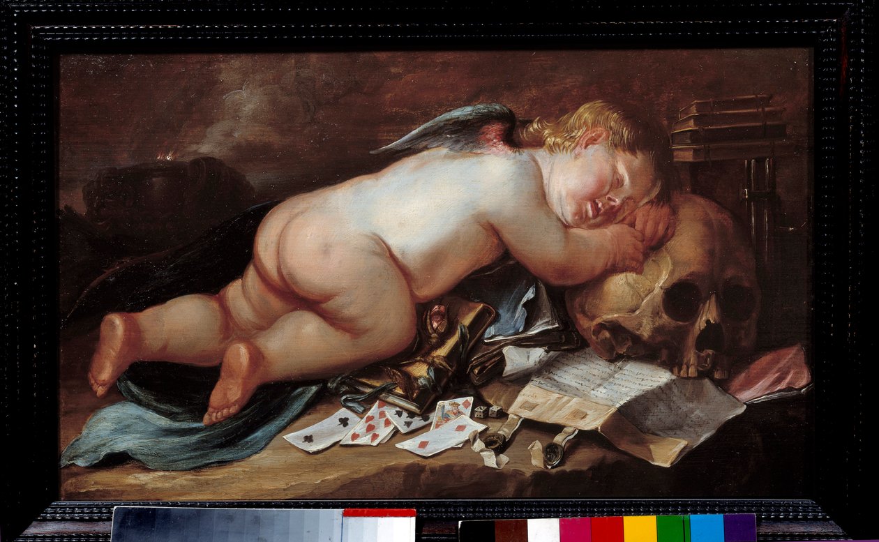 死の頭の上で眠るのが大好き。 Pieter Moninckx (1606 - 1686) Ec. による絵画 (Vanite) フラム。 作： Pieter Moninckx