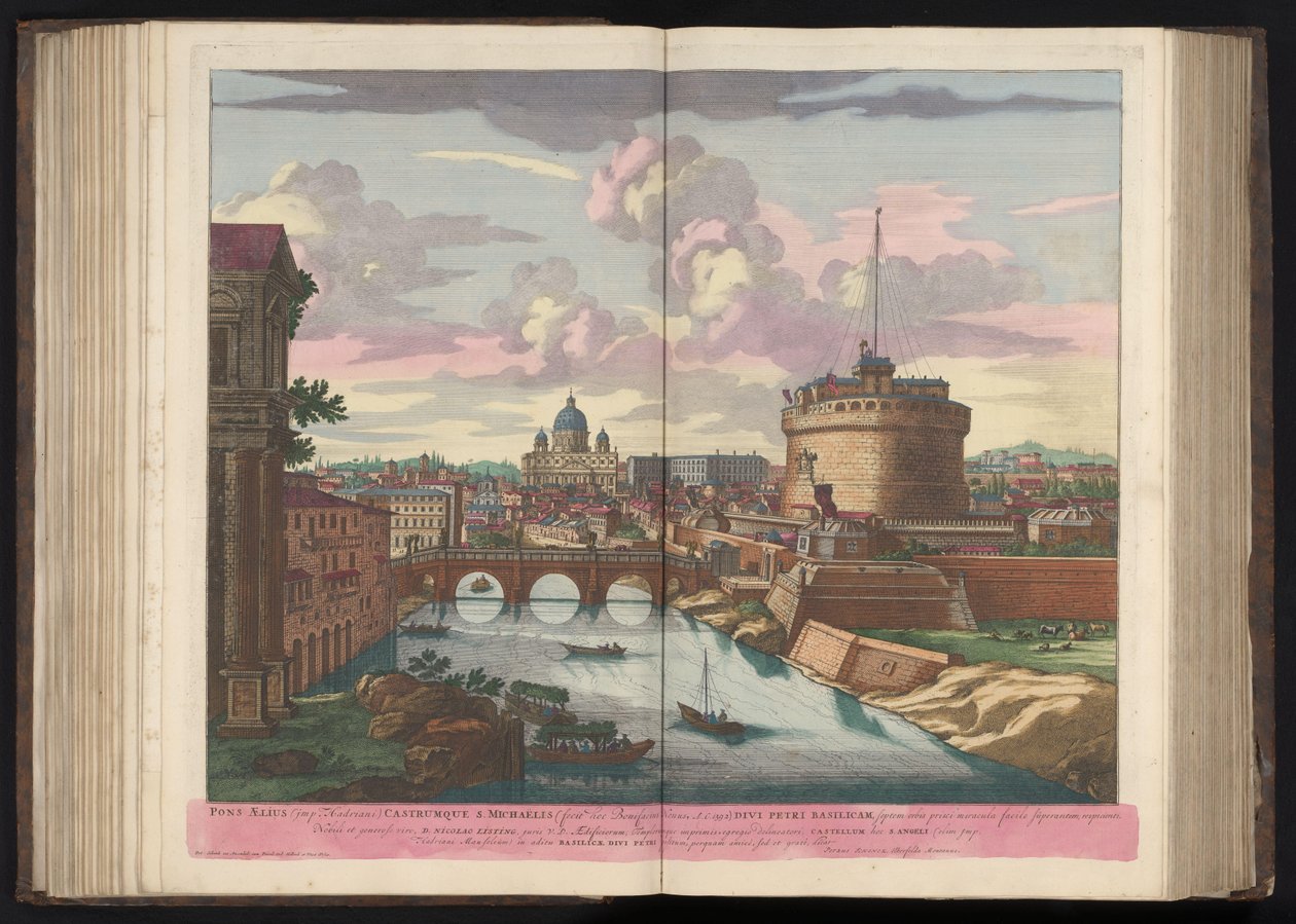 Engelenburcht、Sint-Pietersbasiliek en de rivier de Tiber アエリウス橋 (ハドリアヌス帝) と聖ミカエル城 (...) (オブジェクトのタイトル) 作： ペーター・シェンク（I）