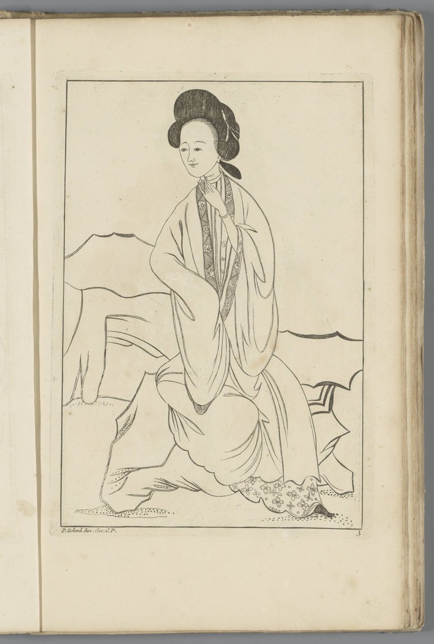 着物の袖に右手を入れる中国人女性 中国の女と花と鳥（連載タイトル） 作： ピーターシェンク（II）（おそらく）