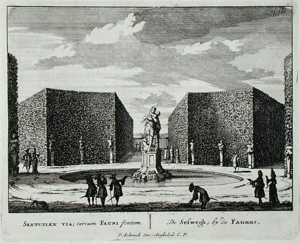 1715年以前に出版されたヤン・ファン・コール（1656-1703）の「Admirandorum Quadruplex Spectaculum」より、ファウヌスの泉のそばにある六角形の垣根（エングレーヴィング） 作： ピーター・シェンク