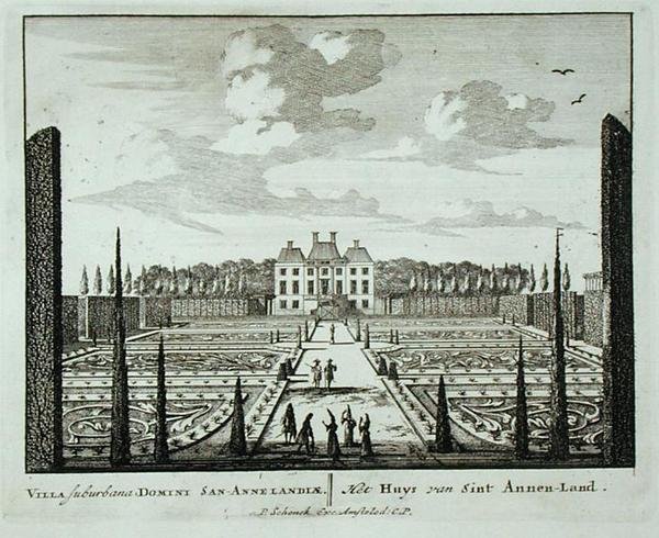 ヤン・ファン・コール（1656-1703）が1715年以前に出版した「Admirandorum Quadruplex Spectaculum」より、サン・アンネン・ランドの家と庭園（エングレーヴィング） 作： ピーター・シェンク