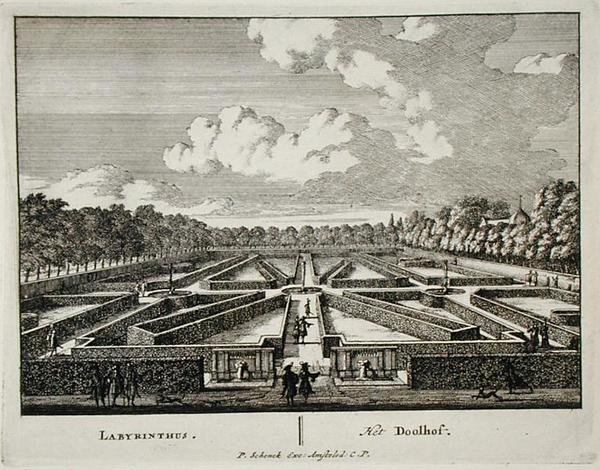 ヤン・ファン・コール（1656-1703）が1715年以前に出版した「Admirandorum Quadruplex Spectaculum」からの迷宮（エングレーヴィング） 作： ピーター・シェンク