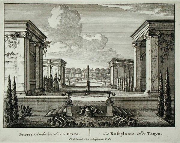 1715年以前に出版されたヤン・ファン・コール(1656-1703)の「Admirandorum Quadruplex Spectaculum」より、庭の休憩所(彫刻) 作： ピーター・シェンク