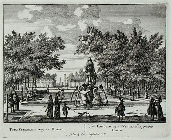 1715年以前に出版されたヤン・ファン・コール（1656-1703）の「Admirandorum Quadruplex Spectaculum」より、大庭園にあるヴィーナスの泉（彫刻）。 作： ピーター・シェンク