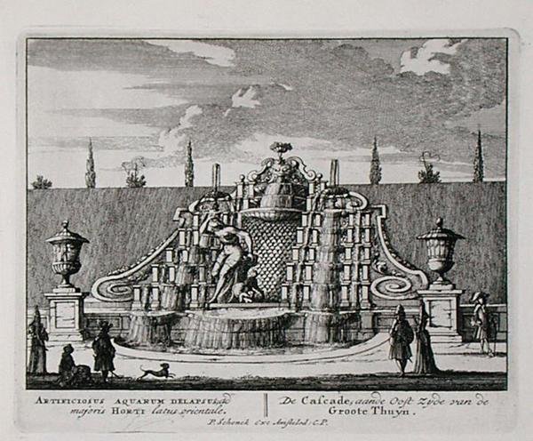 1715年以前に出版されたヤン・ファン・コール（1656-1703）の「Admirandorum Quadruplex Spectaculum」より、東洋の庭園のカスケード（エングレービング） 作： ピーター・シェンク