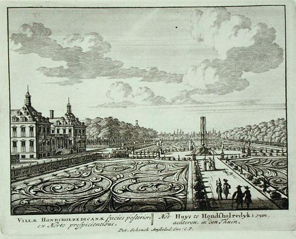 1715年以前に出版されたヤン・ファン・コール（1656-1703）の「Admirandorum Quadruplex Spectaculum」より、ホンショーレディックの庭園（彫刻）。 作： ピーター・シェンク