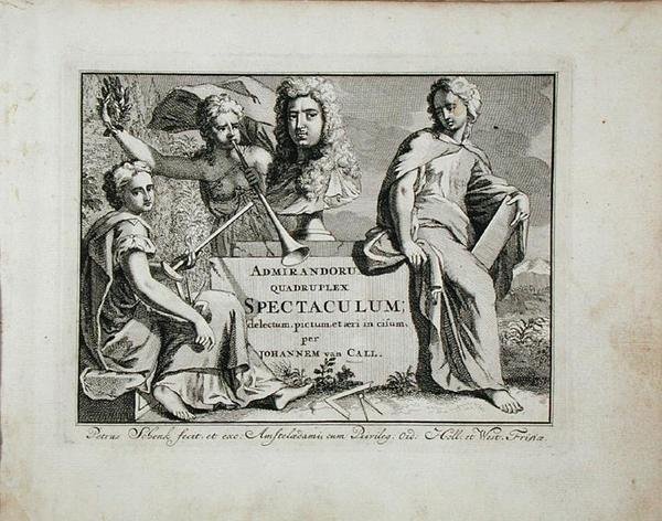 1715年以前に出版されたヤン・ファン・コール（1656-1703）の「Admirandorum Quadruplex Spectaculum」のタイトルページ（エングレーヴィング）。 作： ピーター・シェンク