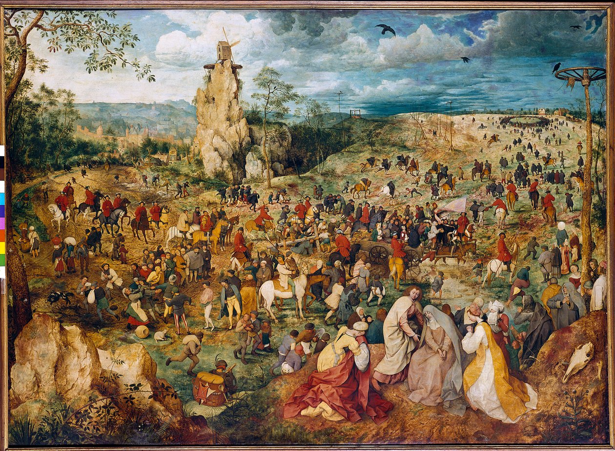 十字架を運ぶキリスト（Carrying the cross）。ピーテル・ブリューゲル（またはブリューゲルまたはブリューゲルまたはブリューゲル）前者（1525-1569）による絵画。1564.木に油彩。寸法：1,24 X 1,70m。ウィーン、美術史博物館。 作： ピーター・ブリューゲル長老