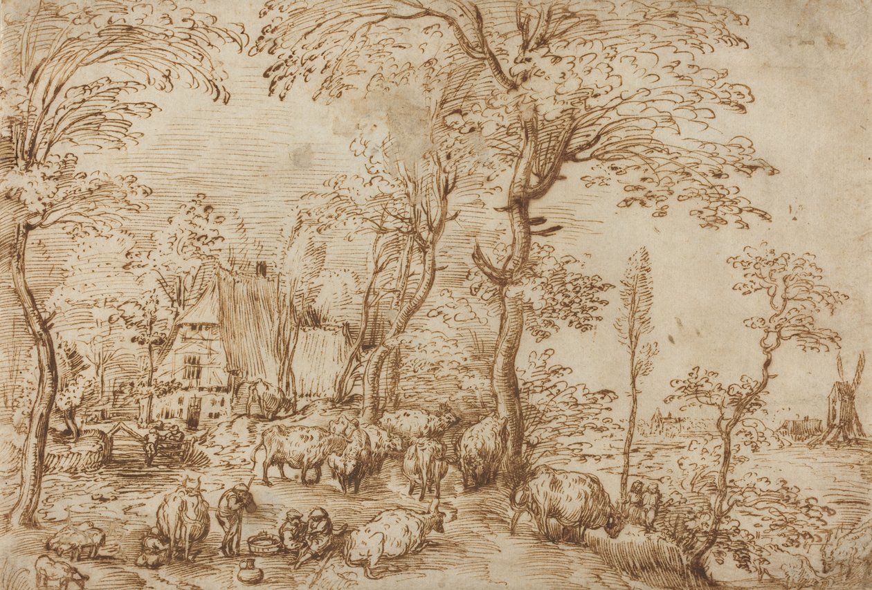 農家の近くの農民と牛、1553-54年頃（紙にペンと茶色のインク） 作： ピーター・ブリューゲル長老