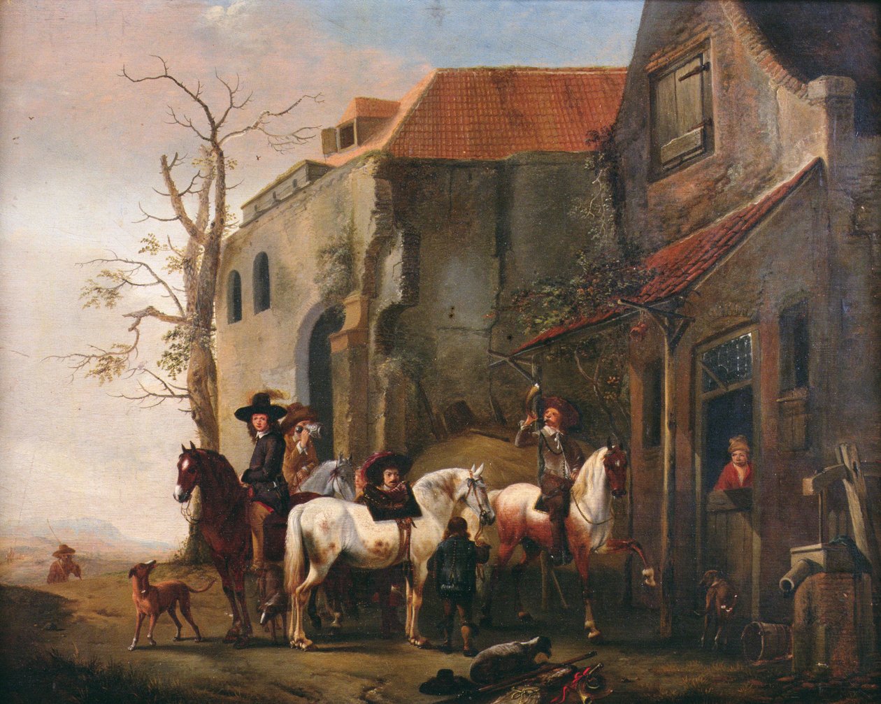 インのドアでライダーと馬 作： Pieter WouwermansまたはWouwerman