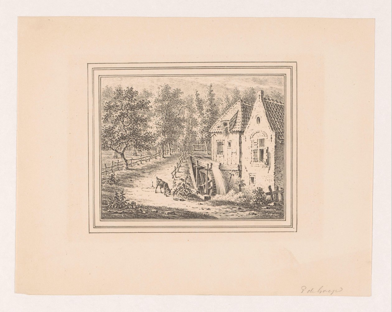 水車と、綱につながれて草を食むヤギが描かれた風景 作： Pieter de Goje