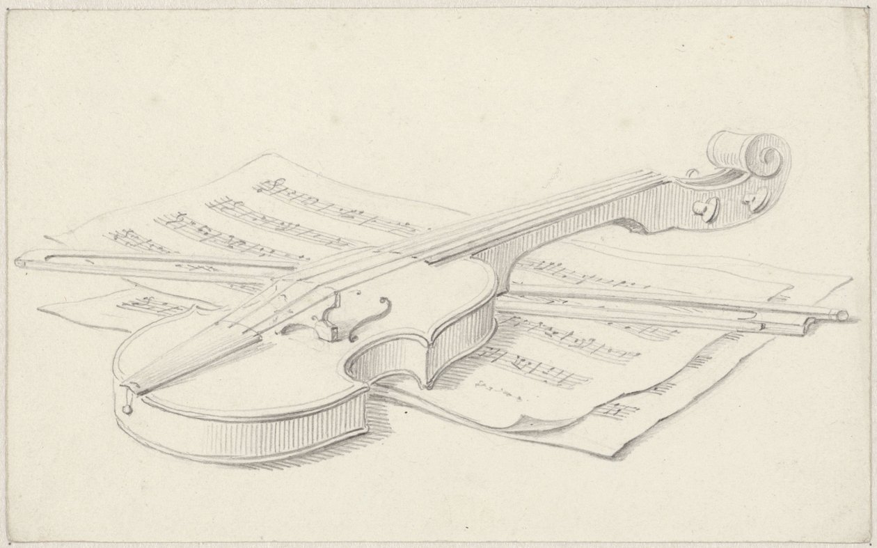 バイオリン、弓、楽譜のある静物画 作： Pieter de Goje