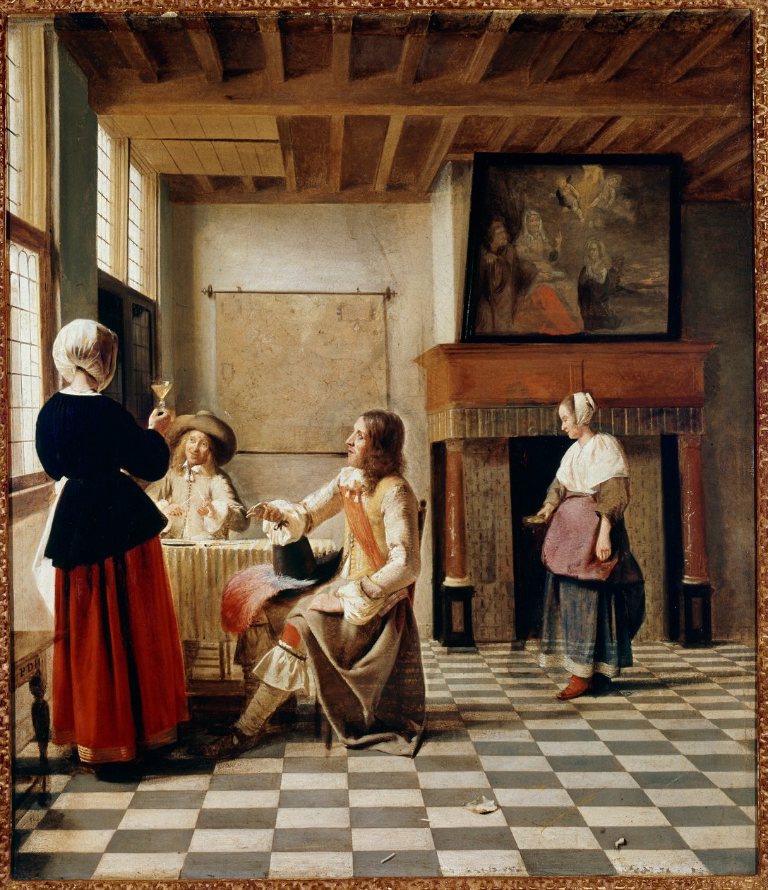 オランダのインテリオール。女性が2人の屋根付きの男性と酒を飲んでいる（油彩・キャンバス、1658年頃 作： ピーター・デ・ホーチ