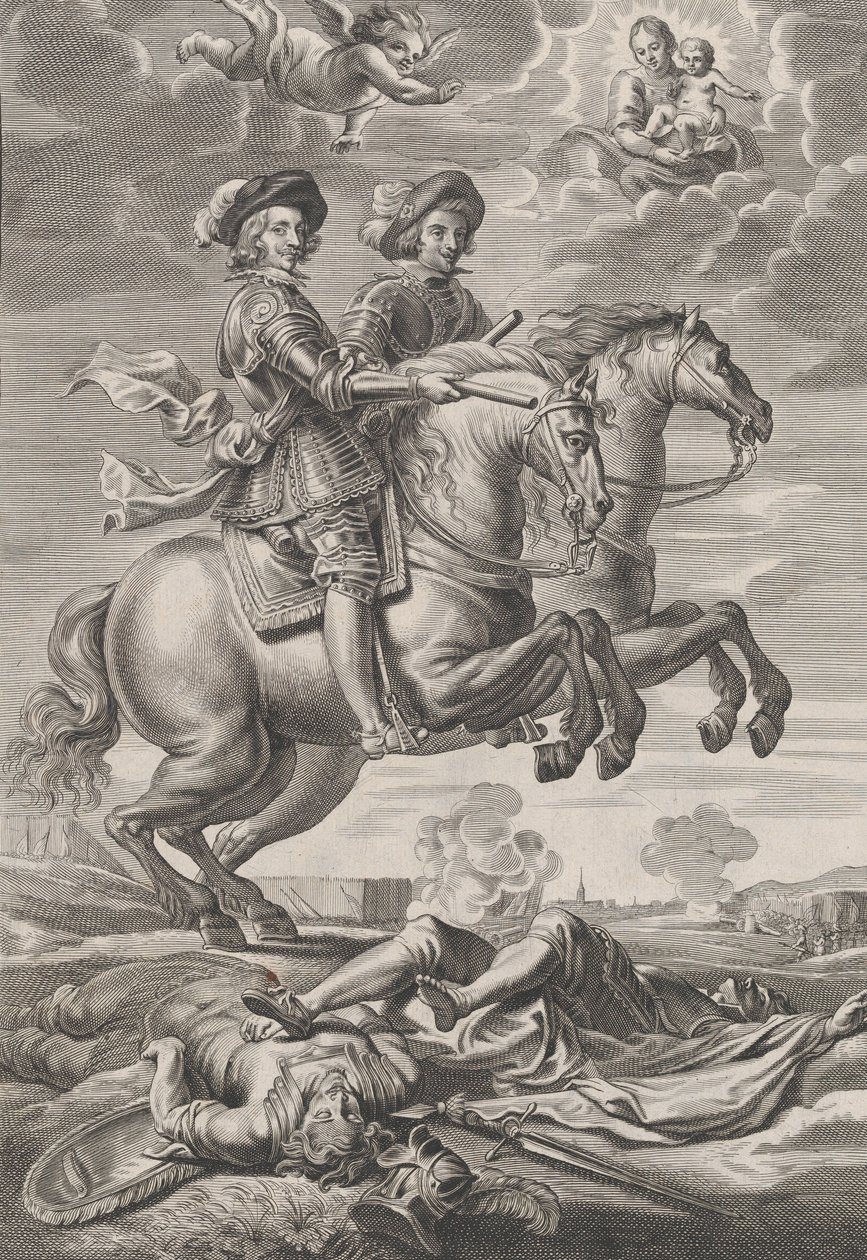 プレート 10: 馬に乗ったハンガリー国王とフェルディナンド、ギリエルムス ベカヌスの「Sere...」より、1636 年。 作： ピーテル・デ・ジョーデ2世