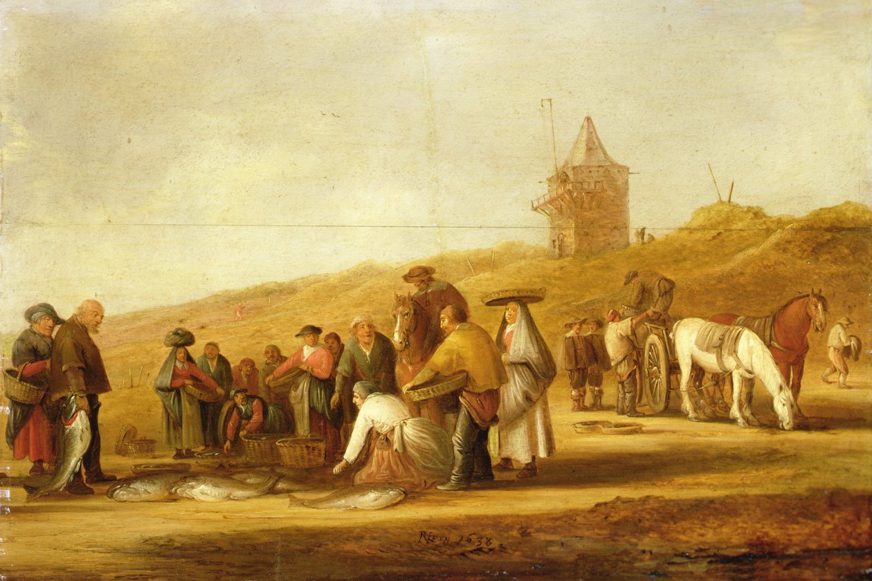 ビーチで漁獲物を売る漁師 (キャンバスに油彩) 作： Pieter de Neyn