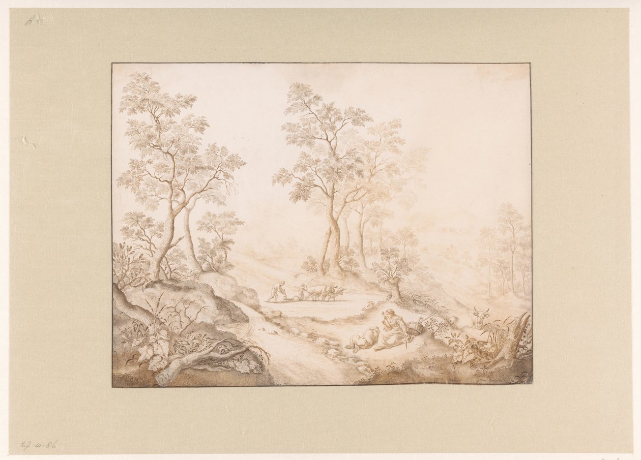 女性、男性、農夫がいる木々が生い茂る風景 作： Pieter de Porck