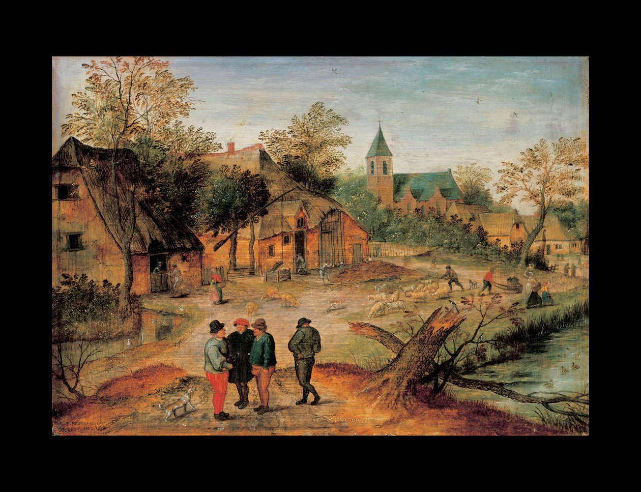 フォアグラウンドで会話する農家のいる村の風景、1634年 作： ピーター・ブリューゲル・ザ・ヤング
