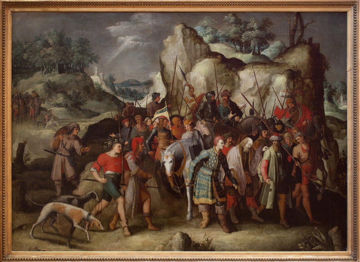 改宗後、ダマスカス（シリア）に向かう聖パウロ。この絵は、ルーカス・ドゥ・ライデンの版画（1509年）をそのまま使用しており、聖パウロとなるサウル・デ・タルソが、テラスに連れて行かれた後、馬が倒れたエピソードを描いています。 作： ピーテル・ブリューゲル