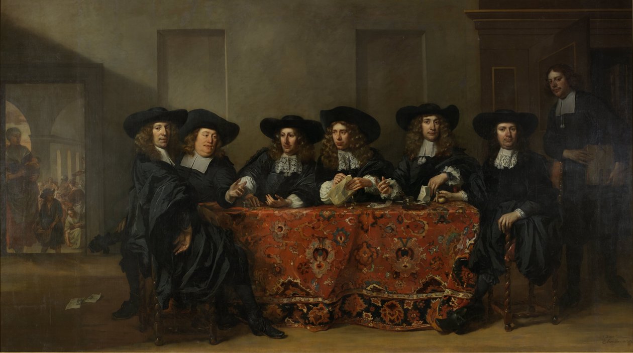 1675 年、アムステルダムの貧しい人々の野外救済のためのアウデ ザイズ研究所の 6 人の摂政と館長 作： Pieter van Anraedt