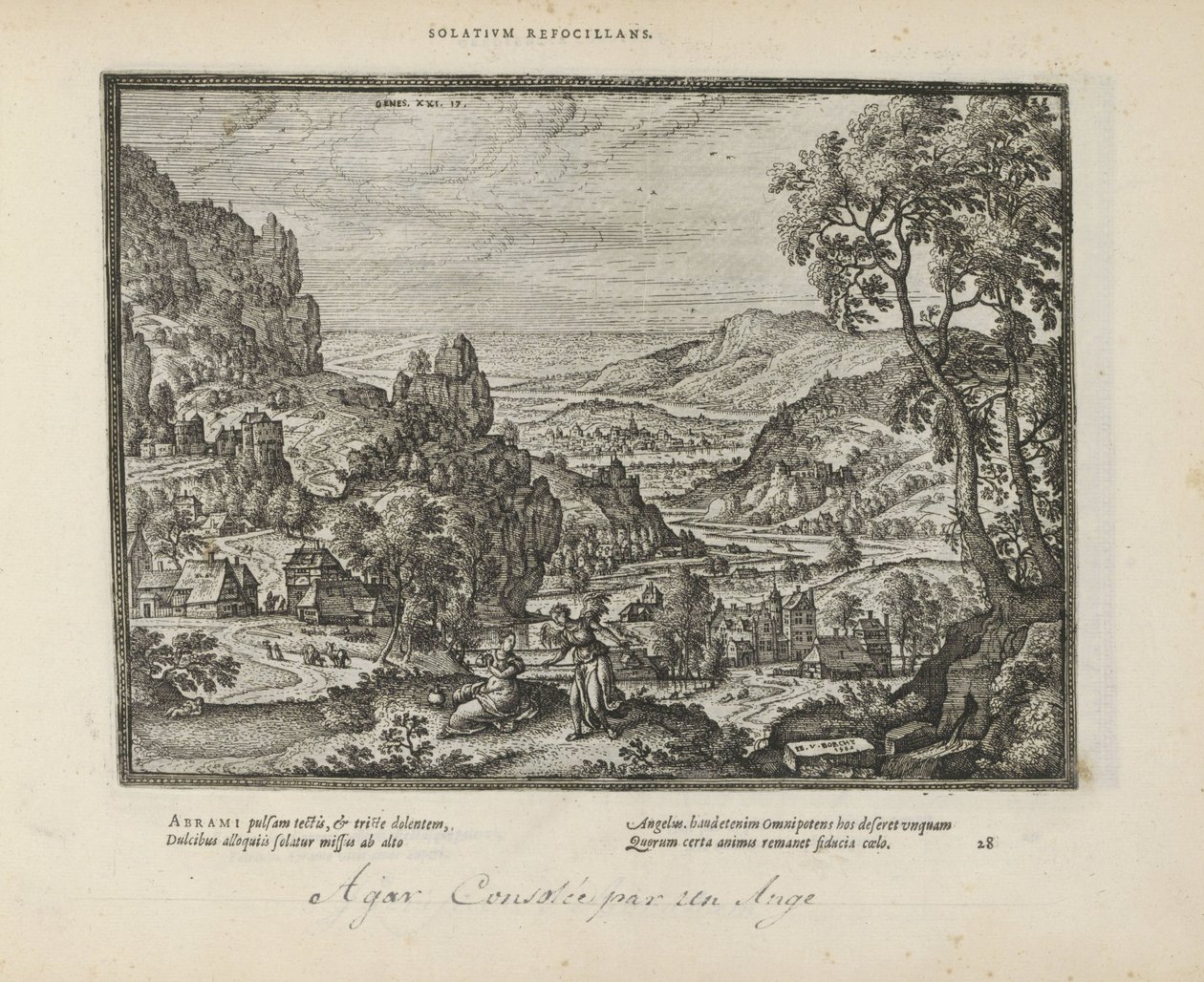 Landschap と Hagar en de engel の出会い 快適さを拒否する (オブジェクトのタイトル) 両約聖書の聖印と主な歴史（旧約聖書）（連載タイトル） 本の絵と図（連載タイトル） 作： ピーター・ヴァン・デル・ボルヒト（I）