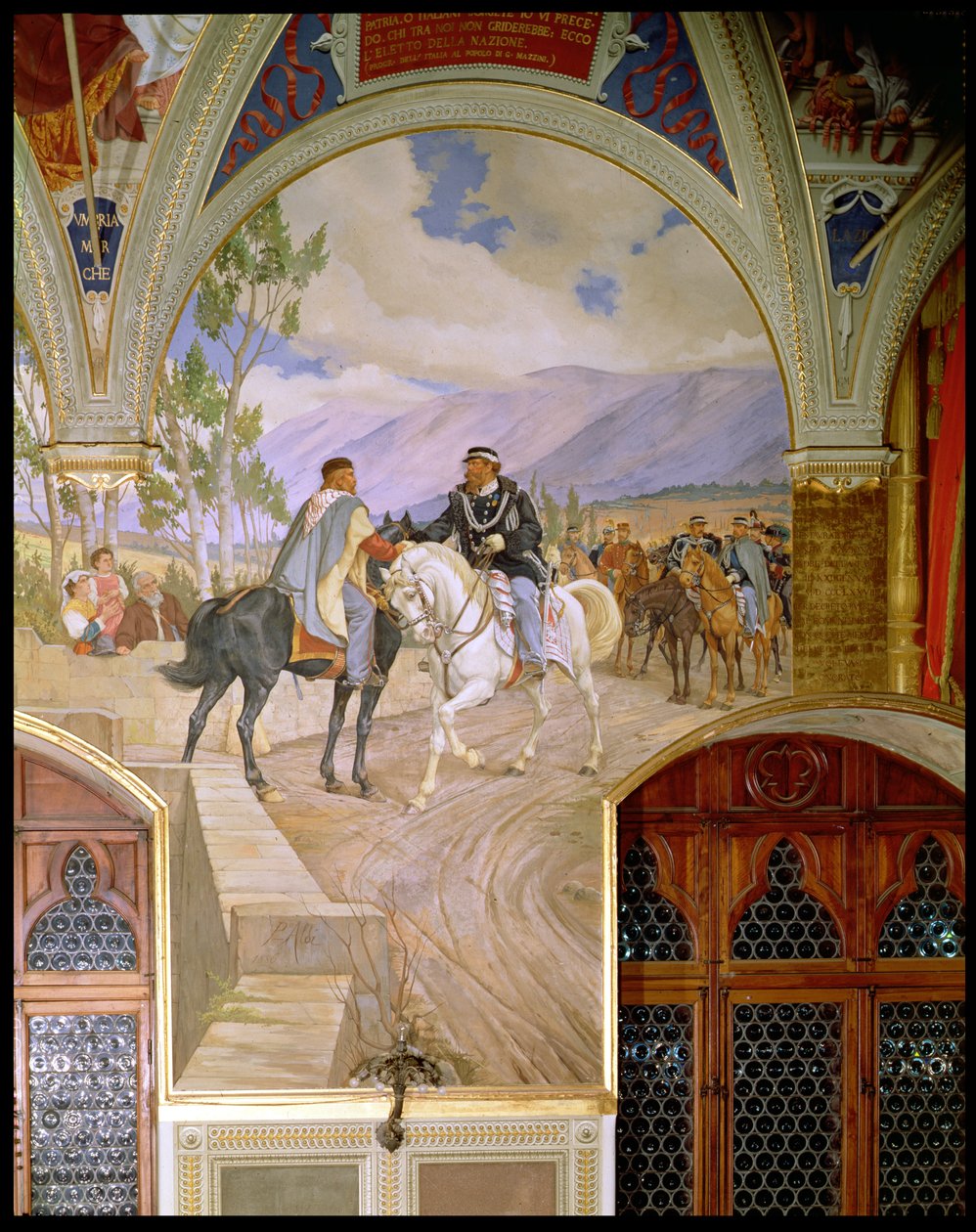 1860年10月26日、イタリアのティアーノでのジュゼッペガリバルディ（1807-82）とヴィットリオエマヌエーレ2世（1820-78）の会談 作： ピエトロ・アルディ