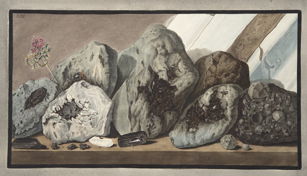 ウィリアムハミルトン卿（1730-1803）による、「カンピフレグレイ：2つのシチリアの火山に関する観察」からの、ヴェスヴィオ山の宝石、プレートLIIIIと呼ばれる結晶の石、1776年発行（手コロ） 作： ピエトロファブリス