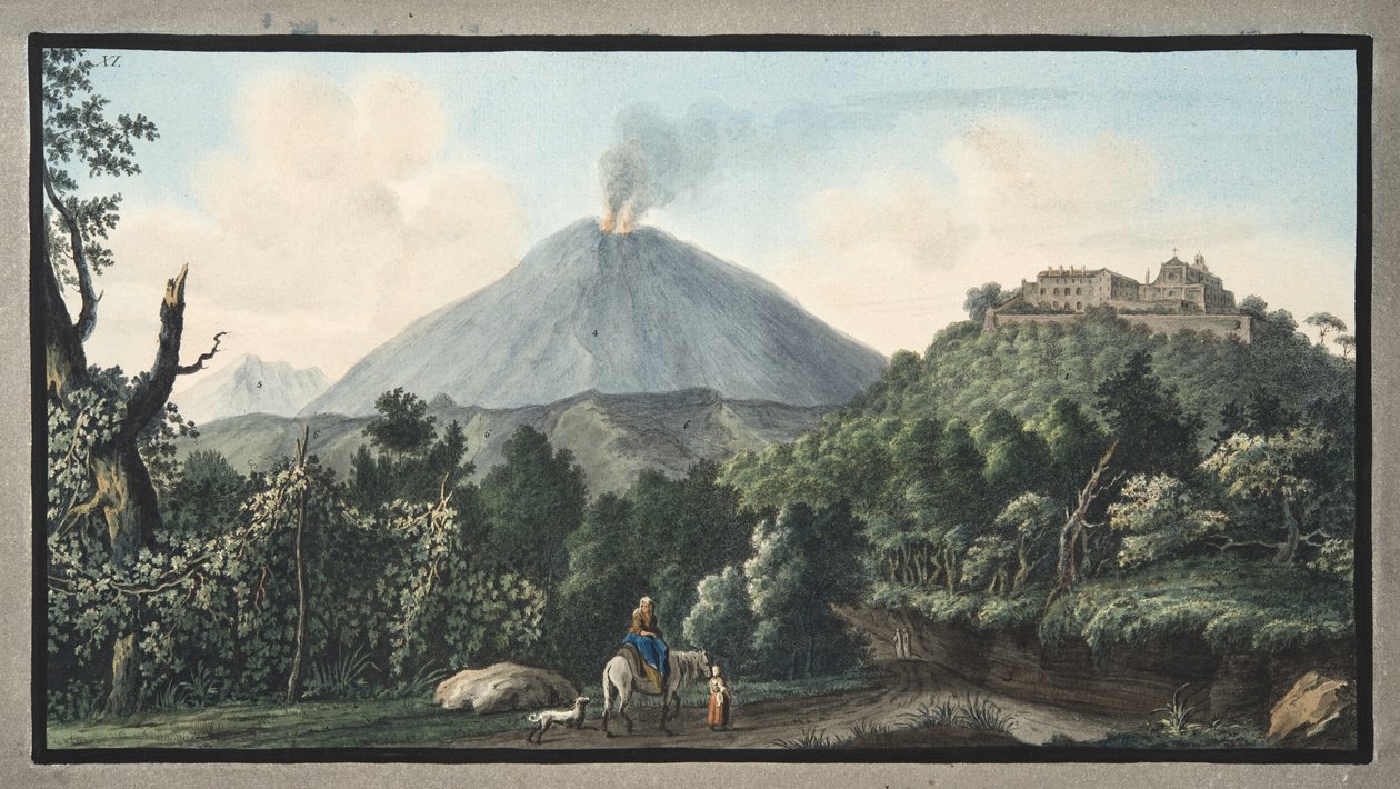 ウィリアムハミルトン卿（1730-1803）による「カンピフレグレイ：2つのシチリアの火山の観察」からのカマルドレフィ修道院修道院、プレートXIがあるモンテS.アンジェロの眺め、 作： ピエトロファブリス