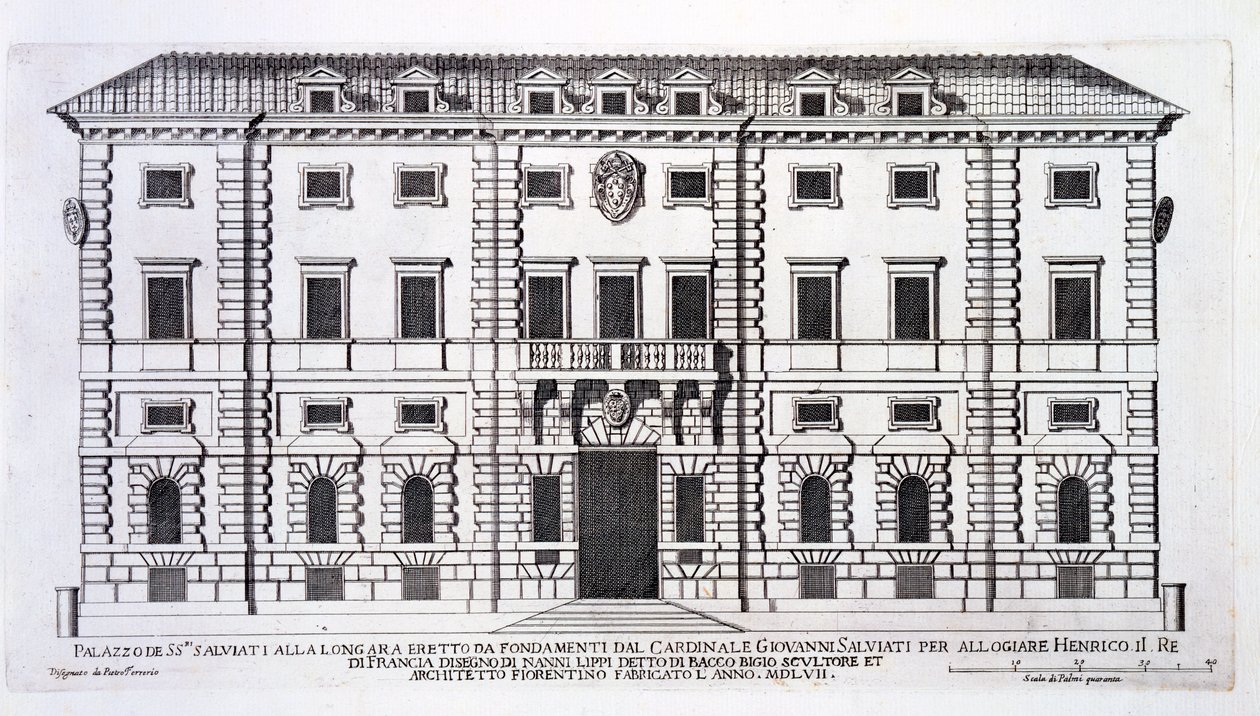 ジョヴァンニサルビアーティ枢機卿からフランス国王ヘンリーの家の建設を依頼され、1557年にナンニディバッキオビジオ（dc1568）によって設計されたローマのパラッツォサルビアーティの正面の眺め 作： ピエトロフェレリオ