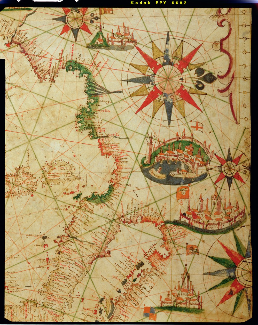 航海地図からのフランス、イタリア、ダルマチアの南海岸、1651年（ベラムのインク）（330924からの詳細） 作： ピエトロ・ジョヴァンニ・プルーン
