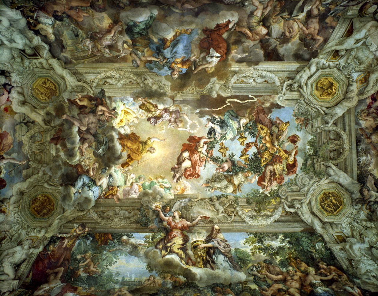 神の摂理とバルベリーニの力の寓意、バルベリーニ宮のホールの天井、ローマ、イタリア、1633-39 作： ピエトロダコルトーナ
