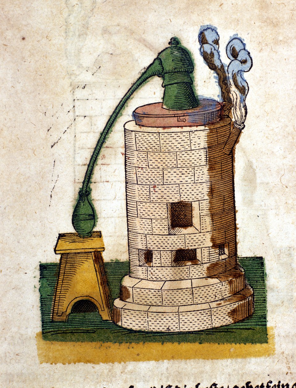 錬金術：蒸留のための装置。Pietro Andrea Mattioli (Matthiole) (1500-1577)の本からのエングレーヴィング。フランクフルト 作： ピエトロアンドレアマッティオーリ