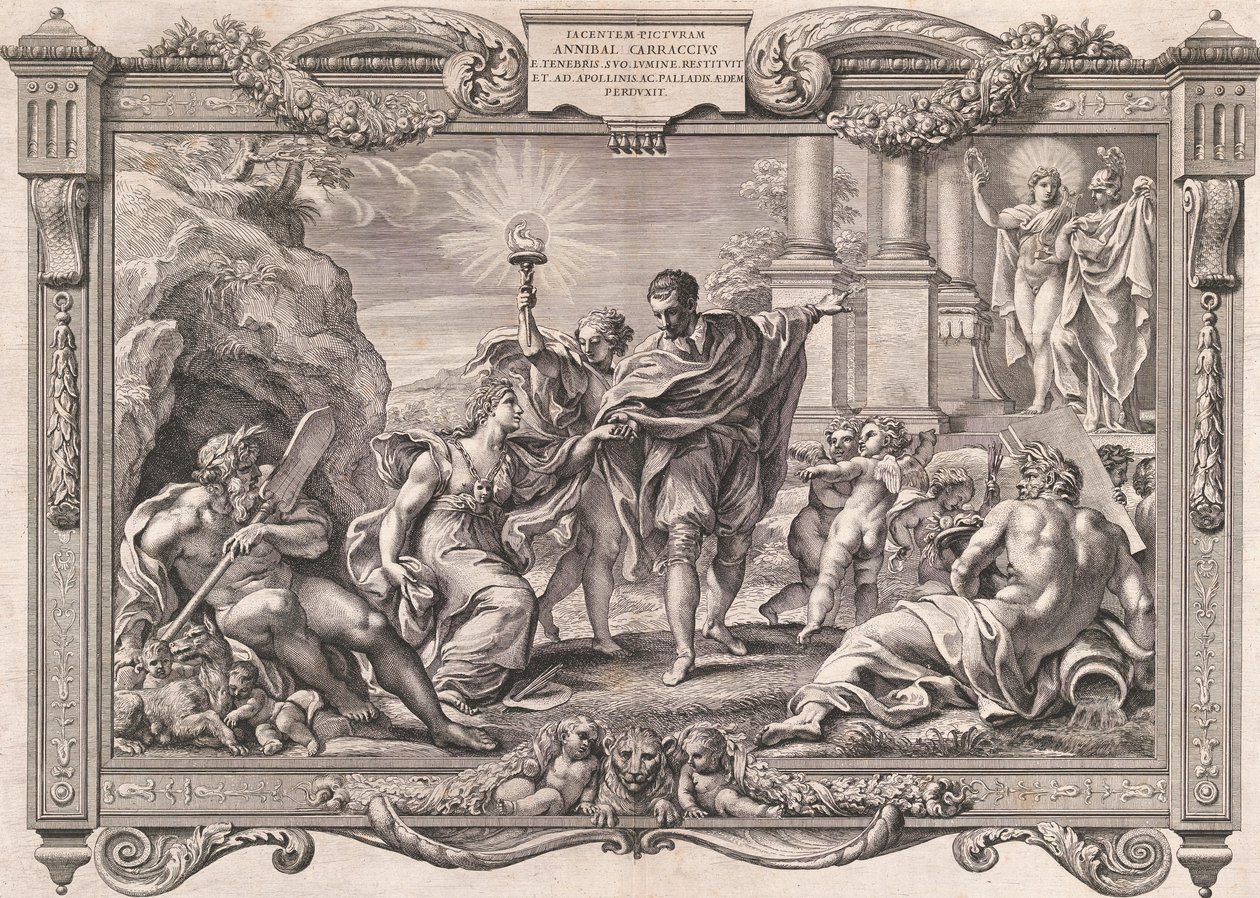 アンニーバレ・カラッチがアポロとミネルヴァに絵画を紹介、1674年。 作： ピエトロアクイラ