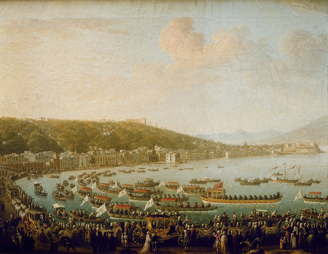 スペインのカルロス 3 世 (カルロス 3 世) (1716-1788) のナポリ湾 (イタリア) からの出発。 ピエトロ ファブリス (1756-1779) の絵画、キャンバスに油彩 作： ピエトロファブリス