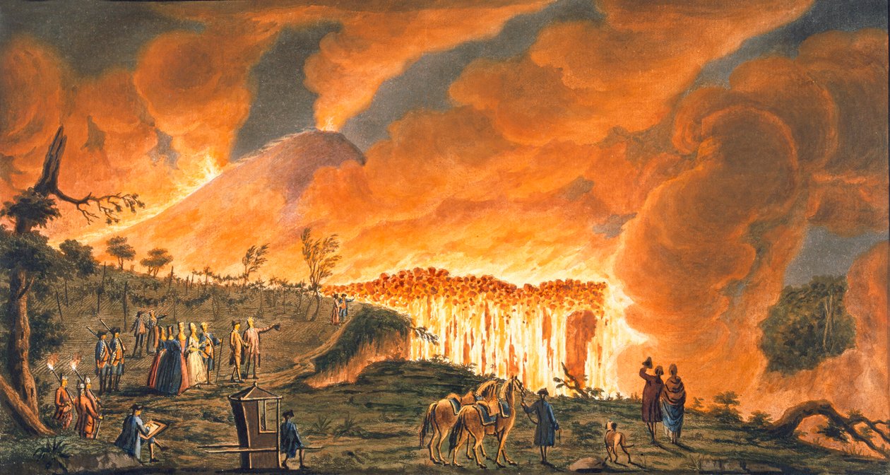 1771 年 5 月 11 日に溶岩流を観察するためにシチリアの陛下を護衛するハミルトンの眺め 1 作： ピエトロファブリス