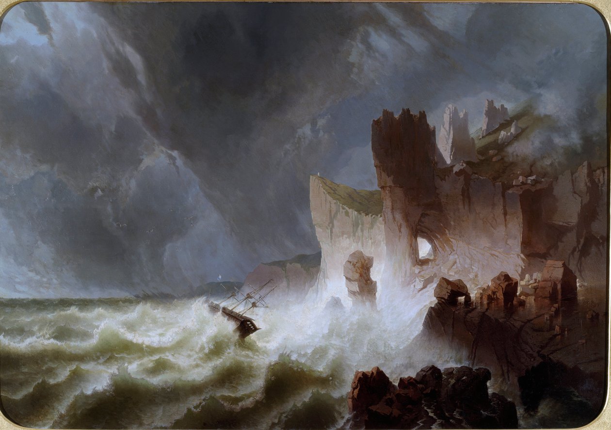 Lido solitario 船が嵐に巻き込まれ、崖に墜落した海の風景。 Pietro Giuria の絵画 (19 世紀) Dim。 140x200 cm Genes Nervi、Galleria d